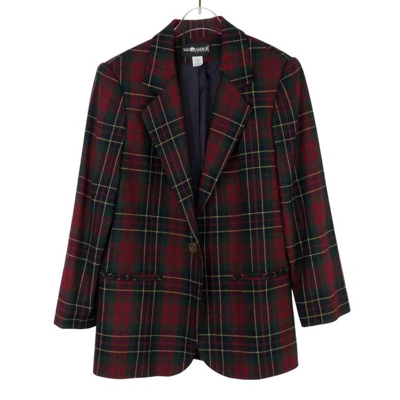 1990s Vintage Sag Harbor Red & Green Plaid Blazer Jacket Size 4 Petite Small - Picture 7 of 7